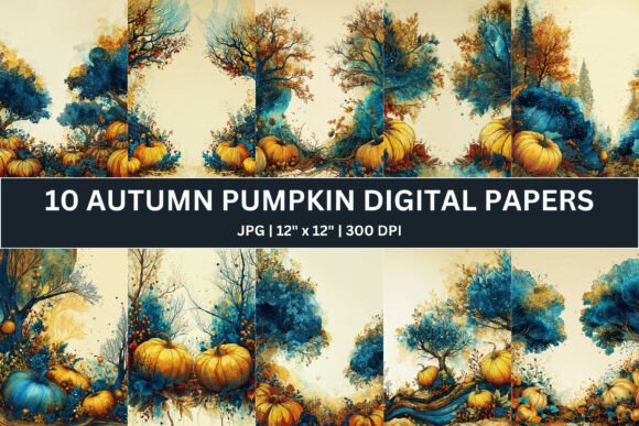 10 Ink Wash Autumn Pumpkin Digital Paper